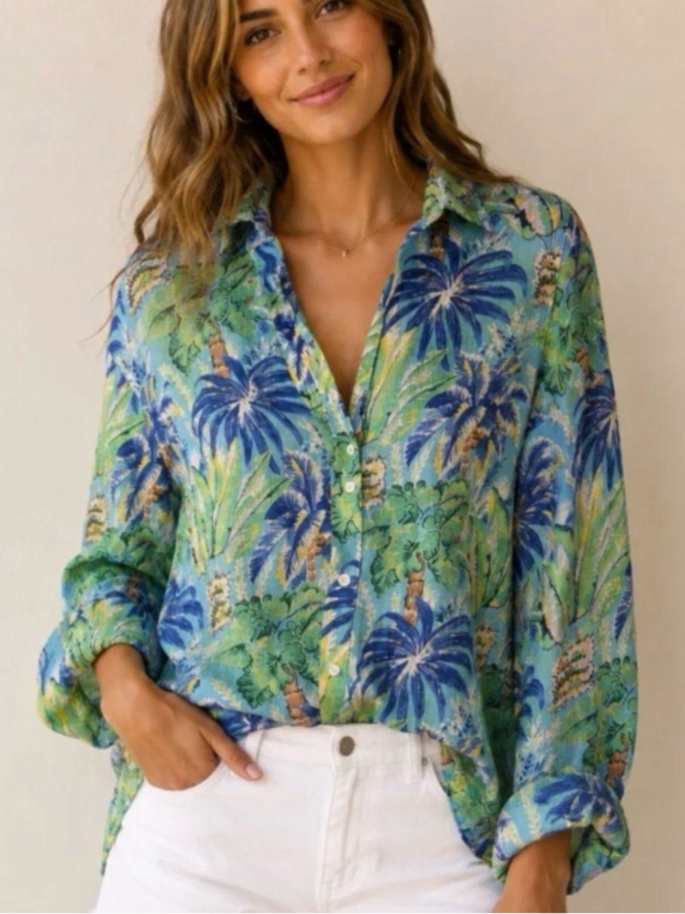 J McLaughlin Linen Shirt M Blue Green Tropical Palm Print Resort Button Down